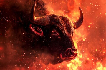 Powerful bull with intense stare emerging from red hot flames and smoke