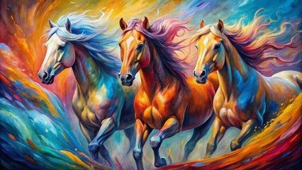 Vibrant colors swirl together depicting majestic horses in motion, their powerful forms abstracted in dynamic brushstrokes and bold textures.