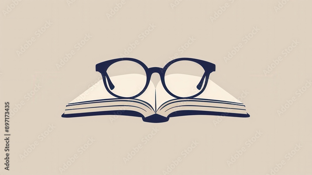 Poster a pair of eyeglasses sits on an open book against a plain background. generative ai