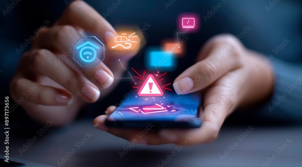 Poster a close up of hands holding and using a mobile phone with a red warning sign icon