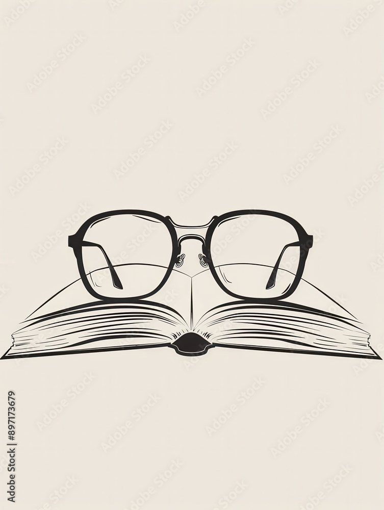 Poster a pair of eyeglasses rests on an open book against a minimalist background. generative ai