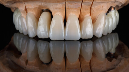 model of the upper jaw with crowns for total prosthetics on black glass © Dental Pro Content