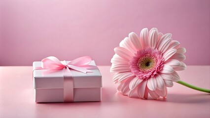 Delicate pink flower rests on soft pink background amidst elegant gift box, awaiting personalized message or sentimental caption.