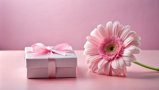 Delicate pink flower rests on soft pink background amidst elegant gift box, awaiting personalized message or sentimental caption.