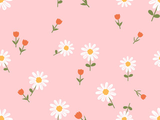 Seamless pattern of daisy flower with green leaves and red tulip flower on pink background vector. Cute floral print.