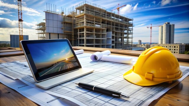 A modern digital tablet lies on a building site's makeshift desk, surrounded by architectural blueprints, symbolizing innovative engineering excellence.