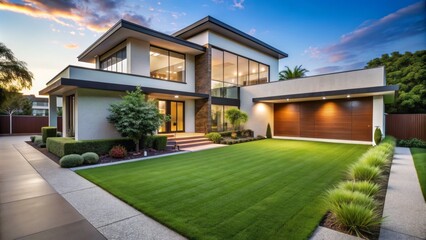 Lush, vibrant, and immaculately manicured artificial grass lawn surrounds modern home's sleek exterior, exuding luxurious curb appeal and effortless maintenance.