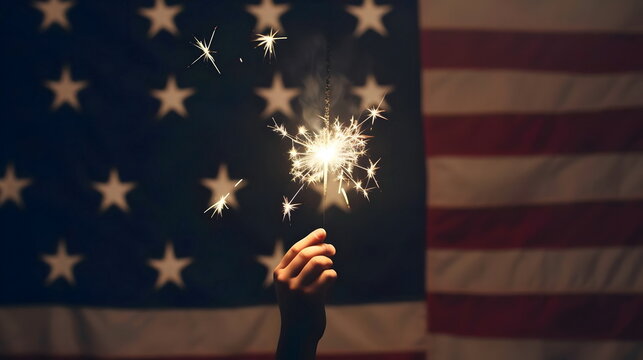 Independence Day Celebration Sparkler Hand American Flag Background