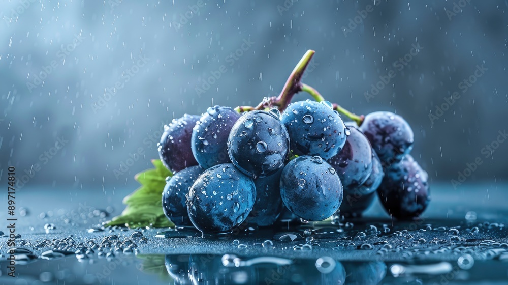Poster macro view of gorgeous isabella grapes in blue color with wet background