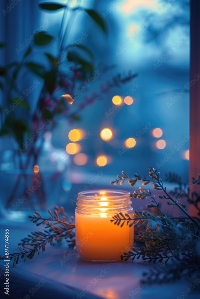 Poster the image depicts a serene evening scene with candles lit in the background, illuminating a window v