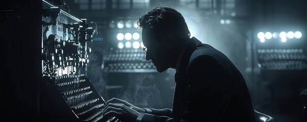 A historically inspired scene featuring a person diligently working at an early computing machine, illuminated by dramatic lighting with a background of vintage equipment
