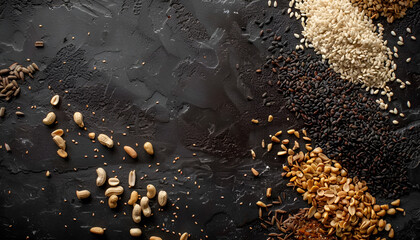 Sesame seeds, sunflower and peanuts in caramel, dark food background