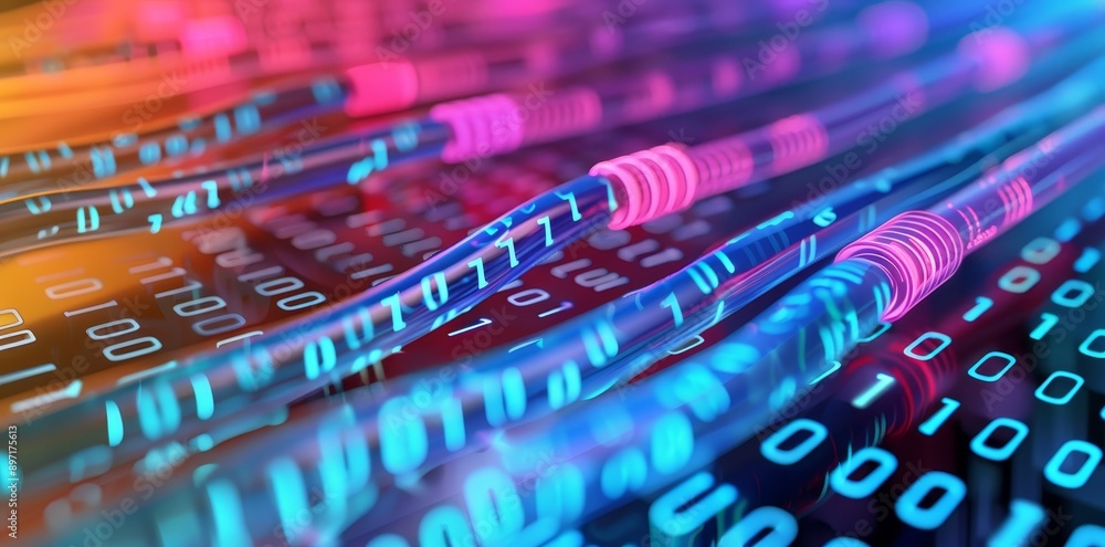 Poster a colorful background of data cables and binary code