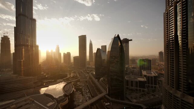 Sunrise Over Modern City Skyline with Highrise Buildings and Vibrant Urban Landscape