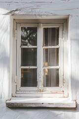 Window on wooden building showing interior. Old-fashioned design with shutters.