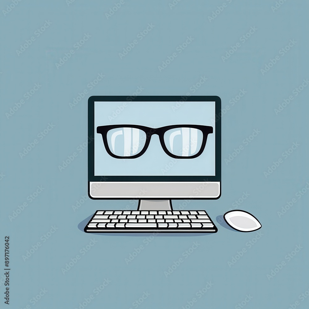Poster a computer with a keyboard and mouse sits on a desk, with a pair of eyeglasses resting on the screen