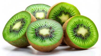 Fototapeta premium Freshly sliced kiwi fruits with vibrant green skin and emerald green flesh against a clean white background, looking appetizing.