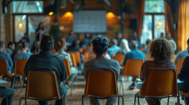 Community meeting discussing financial service options, financial services underserved, copy space, outreach theme, ethereal, fusion, local hall backdrop, copy space for text,