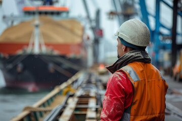 Dock Worker Overseeing Grain Loading into Freight Ship  