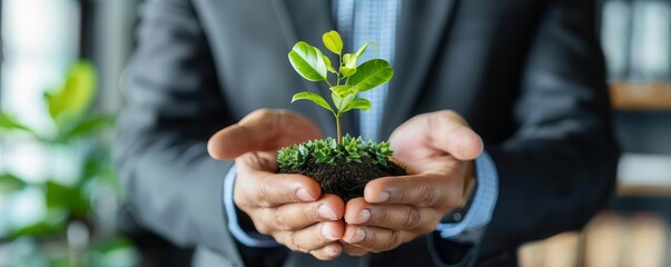 Entrepreneur presenting ecofriendly growth strategy, ecofriendly strategy growth, close up, green innovation theme, realistic, overlay, office backdrop, copy space for text,