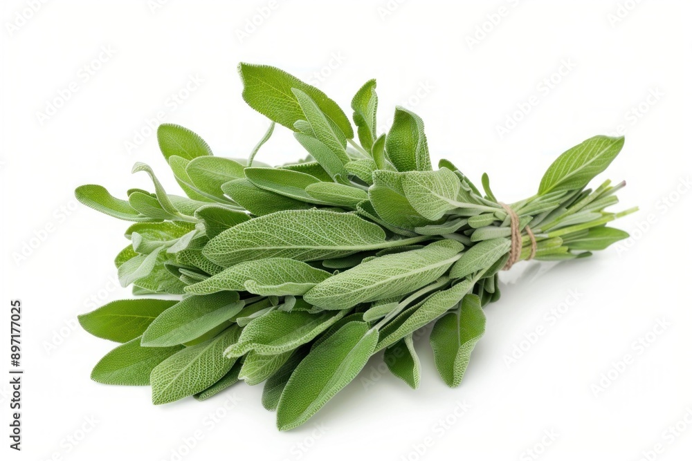 Poster bundle of fresh sage tied with twine and lying on a white background