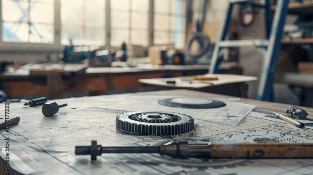 Poster Engineering blueprint with mechanical parts and tools in a workshop. Represents detailed planning and mechanical engineering design.