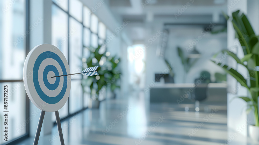 Wall mural arrow in the center of the target of a bullseye, blurred office background. concept of objective, go