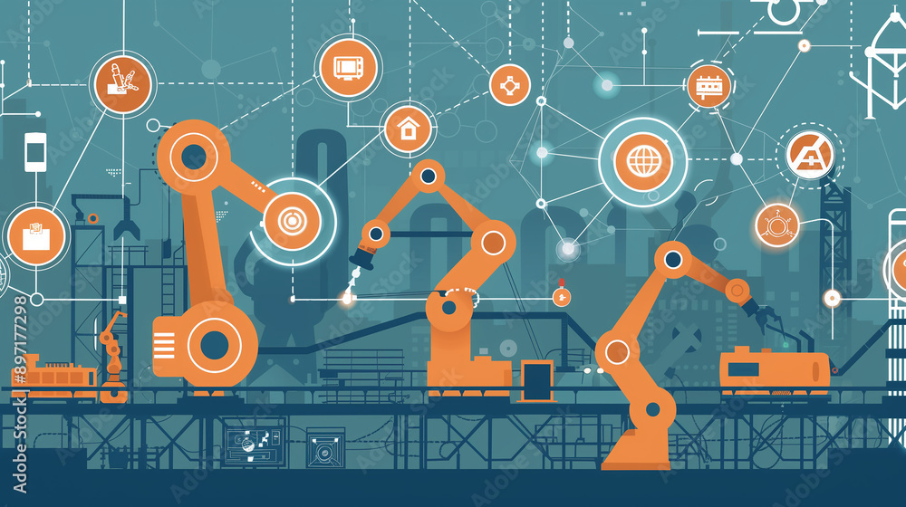 Poster a computer generated image of a factory with robots and machinery. concept of technology and automat