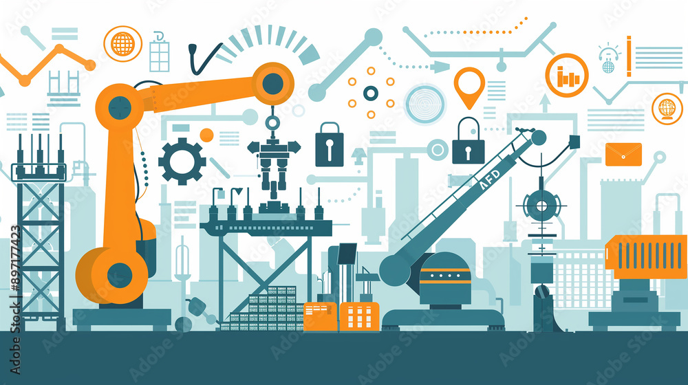 Poster a computer generated image of a factory with robots and machinery. concept of technology and automat