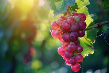 Bunch of ripe red grapes growing on a vine in an orchard, illuminated by the sun on a sunny day