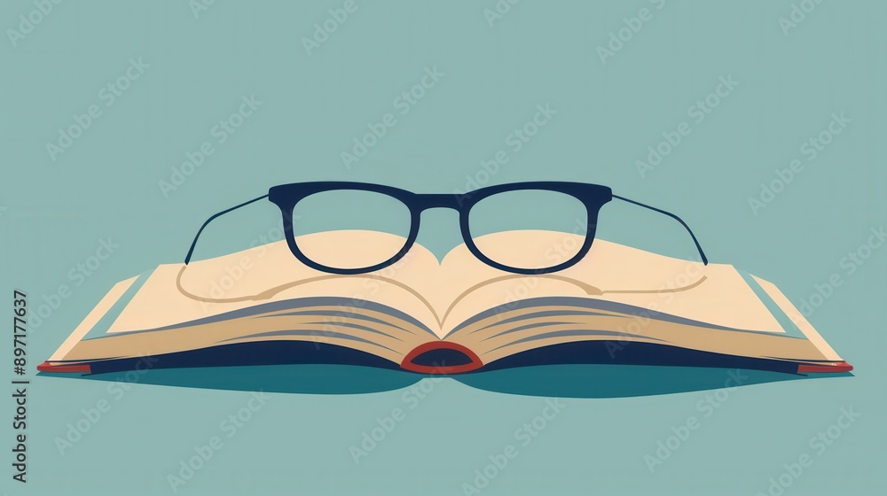 Poster a pair of black-rimmed eyeglasses rests on an open book against a solid blue background. generative 