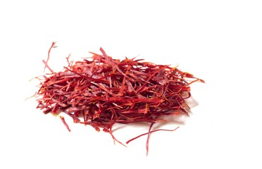 Organic Saffron or Kesar Heap Isolated on White Background with Copy Space