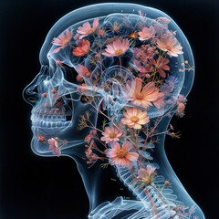 R&ouml;ntgenbild. Bunte Blumenbl&uuml;ten im Sch&auml;del.