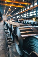 Obraz premium The image shows a steel production facility with rows of rolled steel ready for manufacturing.
