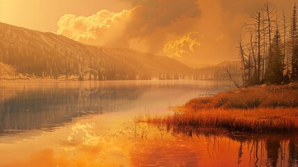Fototapeta premium Golden Sunset Over Mountain Lake.