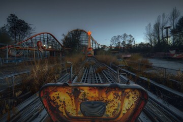 Ghostly Rollercoaster: A chilling glimpse into a forgotten amusement park, where overgrown weeds and rusting metal tell a story of abandoned dreams, inviting a sense of eerie nostalgia and wonder. 