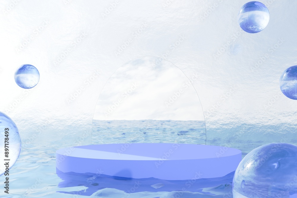 Aufkleber surreal 3d aquatic product display background template scene. floating glass spheres in a pool of wa