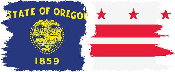 District of Columbia USA - Washington, DC and Oregon state grunge brush flags connection, vector