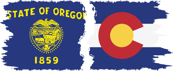 Colorado and Oregon states grunge brush flags connection, vector