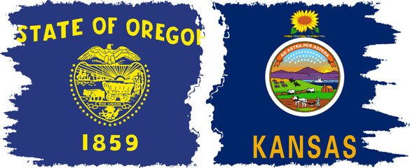 Kansas and Oregon states grunge brush flags connection, vector