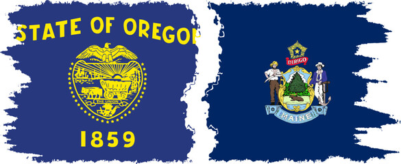 Maine and Oregon states grunge brush flags connection, vector