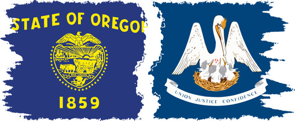 Louisiana and Oregon states grunge brush flags connection, vector