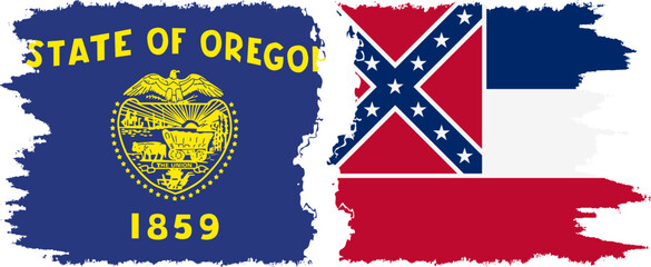 Mississippi and Oregon states grunge brush flags connection, vector