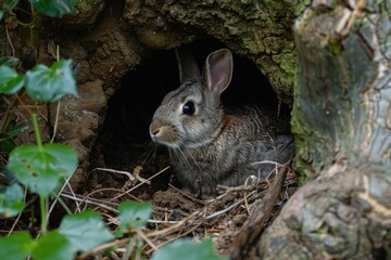 Fototapeta premium Wild rabbit is peering out of its burrow under the roots of a tree
