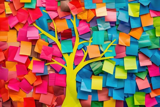 Colorful tree made of adhesive sticky notes. Creative idea workspace with noteboard post it board office. Creativity, brainstorming, strategy, design thinking, teamwork memo workshop concept