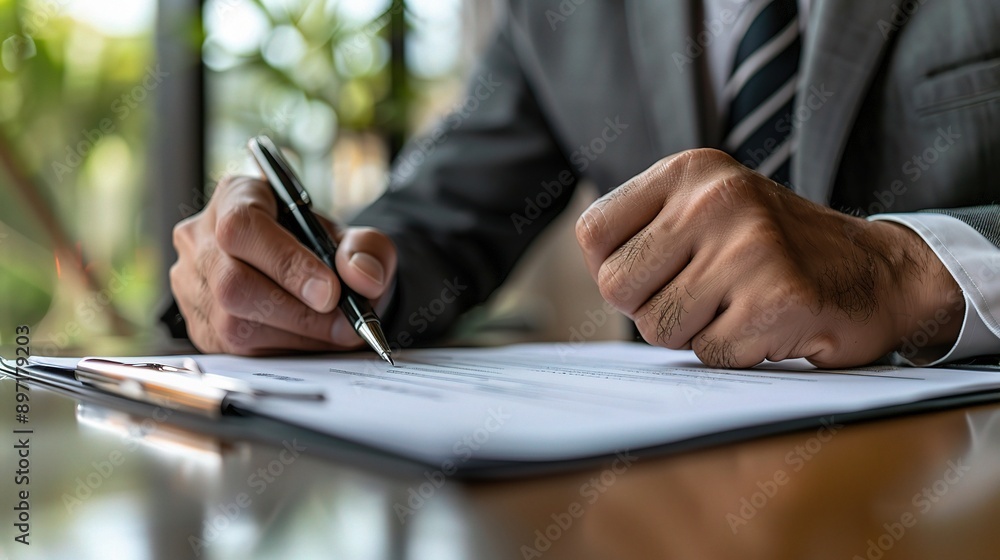 Poster The Weight of the Signature: A businessman's hand hovers over a contract, pen poised, capturing the tension and gravity of a critical business deal.