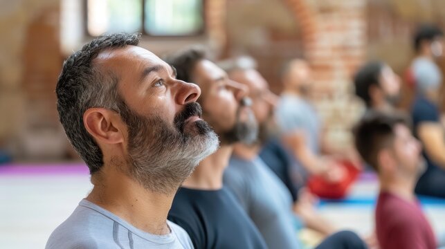 Mindful Middle-aged Man Practicing Yoga in Group Setting