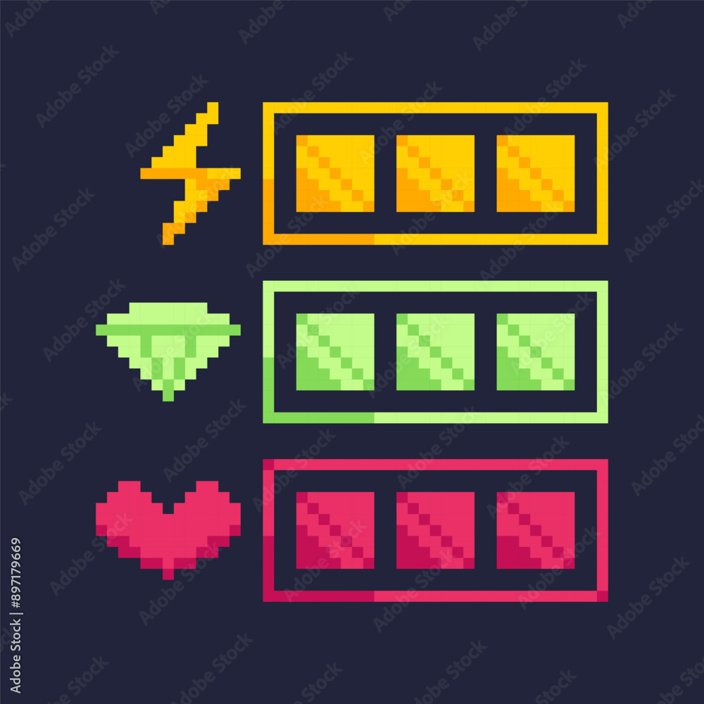 Poster progress bars for pixel game. 8-bit complete indicator of health, energy and resources.