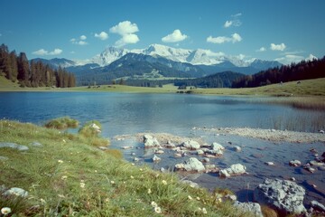 Obraz premium Old church in a field under a cloudy sky - film photo. Beautiful simple AI generated image in 4K, unique.