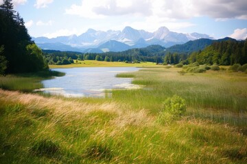 Old church in a field under a cloudy sky - film photo. Beautiful simple AI generated image in 4K, unique.